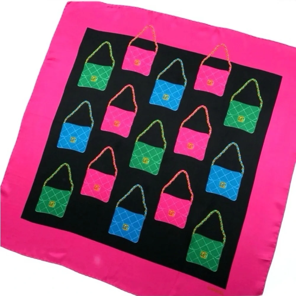 CHANEL authentic silk scarf pink black